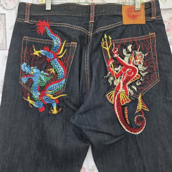 Ed Hardy Other - Rare VTG Ed Hardy Mens Blue Dragon Mermaid Embroidered Denim Jeans 38x34 Baggy
